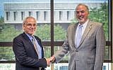 University of Haifa Rector David Faraggi, left, and Cleveland State University President Ronald M. Berkman on Wednesday, August 27, in Cleveland, Ohio. (photo credit: JTA/Courtesy: Cleveland State University)