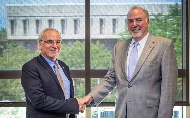 University of Haifa Rector David Faraggi, left, and Cleveland State University President Ronald M. Berkman on Wednesday, August 27, in Cleveland, Ohio. (photo credit: JTA/Courtesy: Cleveland State University) University of Haifa Rector David Faraggi, left, and Cleveland State University President Ronald M. Berkman on Wednesday, August 27, in Cleveland, Ohio. (photo credit: JTA/Courtesy: Cleveland State University)