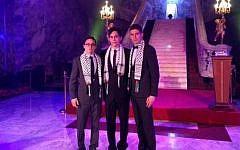 Josh Broomberg, captain of the South African debating team, and his colleagues, in a picture captioned "... wearing Palestinian badges and keffiyehs to show our opposition to the human rights violations carried out against the people of Palestine." (photo credit: via Twitter)