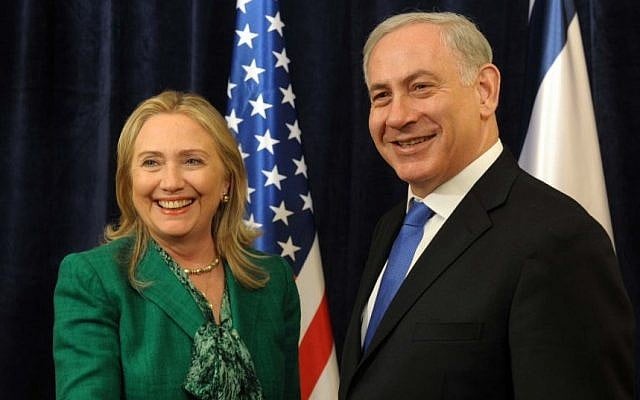 Then-secretary of state Hillary Clinton meets with Prime Minister Benjamin Netanyahu during the 67th United Nations General Assembly in New York, September 27, 2012. (Avi Ohayon/GPO/Flash90) Then-secretary of state Hillary Clinton meets with Prime Minister Benjamin Netanyahu during the 67th United Nations General Assembly in New York, September 27, 2012. (Avi Ohayon/GPO/Flash90)
