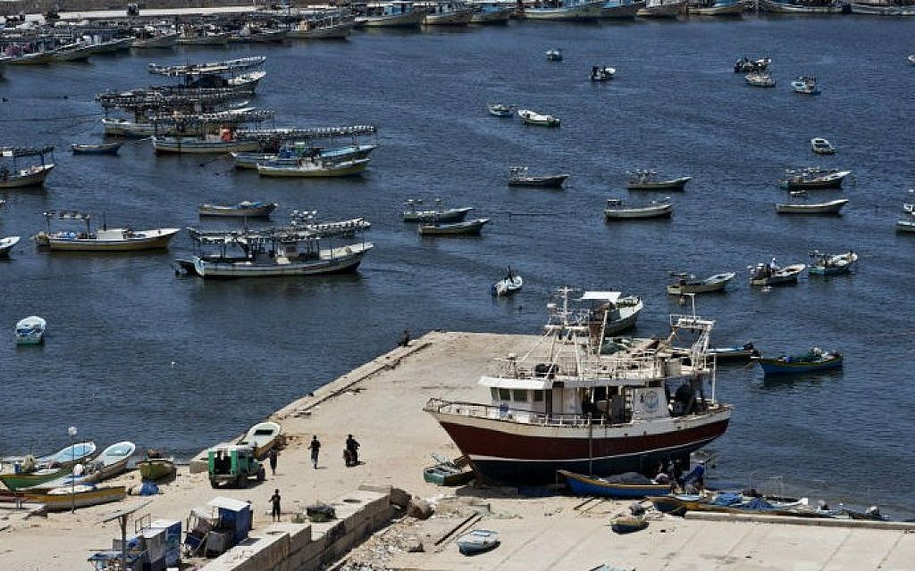 Fishing vessels are moored at Gaza City's harbor on August 18, 2014. (AFP/Roberto Schmidt)