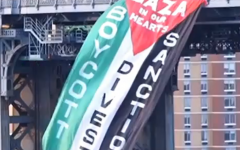 A massive Palestinian flag hung from the Manhattan Bridge by pro-Palestinian protesters, August 20, 2014. (screen capture: YouTube/CNN news RT)