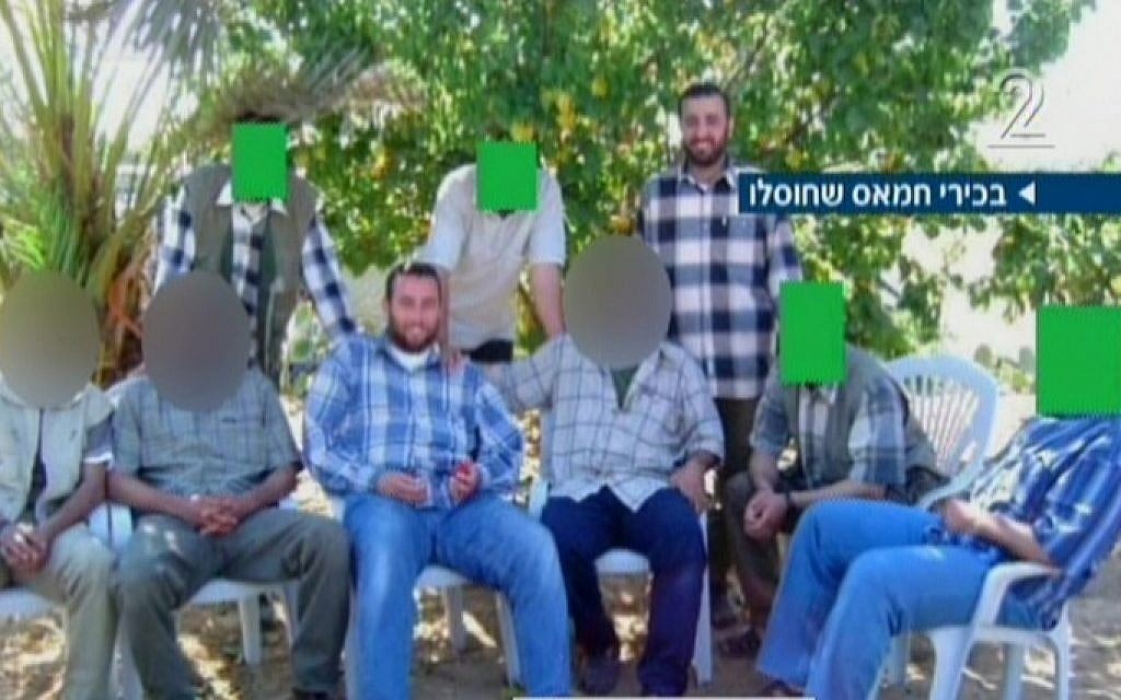Hamas terror chiefs, including Muhammad Abu Shamaleh and Raed Attar, seen in an undated photo. The two were killed in an August 20 Israeli air strike. (Screen capture: Channel 2)