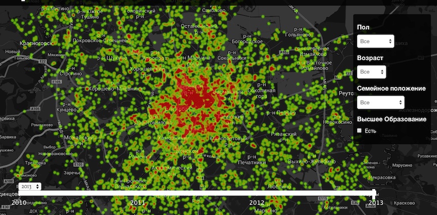 This visualization shows where people are using the Pulse network in Moscow (Photo credit: Courtesy) This visualization shows where people are using the Pulse network in Moscow (Photo credit: Courtesy)