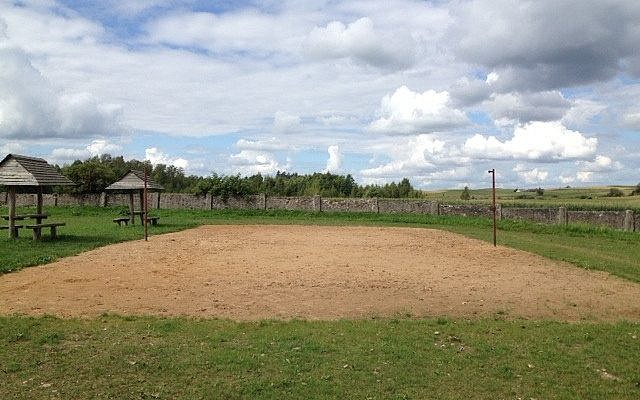 Volleyball field in Wizajny where gravemarkers were moved, but Jewish remains left underground. (courtesy From the Depths)
