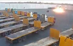 A rocket explodes in the Kerem Shalom border crossing compound, hindering the flow of goods into Gaza, on August 10, 2014. (screen capture: YouTube/zafat 1986)