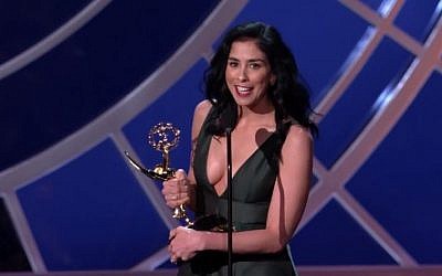 Comedienne Sarah Silverman accepting an Emmy award for Best Writing for a Variety Show for her HBO comedy special “Sarah Silverman: We are Miracles.” (photo credit: YouTube screen capture)  