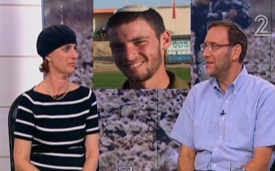 Susan and Simcha and a picture of their son Eitan, in Channel 2's studio on Monday August 4, 2014. Eitan dashed into a tunnel in Rafah to chase gunmen who had seized the body of fellow Givati Brigade officer Hadar Goldin in a Friday 1 attack. Eitan could not stop the gunmen, but retrieved articles that led the IDF to pronounce Goldin dead. (Screen capture illustration: Channel 2)