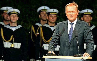 Then-Polish Prime Minister Donald Tusk delivers a speech at the Westerplatte monument during ceremony marking the 75th anniversary of the first day of World War II in Gdansk on September 1, 2014. (AFP/JANEK SKARZYNSKI)