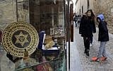 Illustrative: People stand near a gift shop in the old Jewish Quarter of Toledo, Spain, on February 27, 2014. (photo credit: AFP/Gerard Julien)