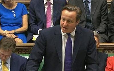 British Prime Minister David Cameron delivers a speech to the House of Commons in London, September 26, 2014. (photo credit: AFP/Parliament TV)