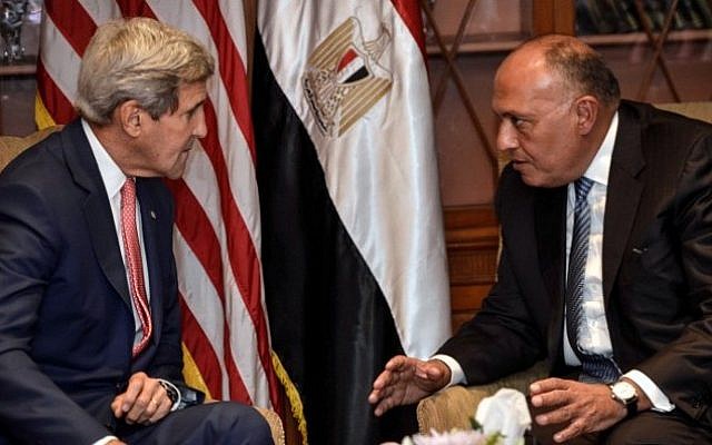 US Secretary of State John Kerry (left) meets with Egyptian Foreign Minister Sameh Shoukry on September 13, 2014 in Cairo. (AFP/ MOHAMED EL-SHAHED) US Secretary of State John Kerry (left) meets with Egyptian Foreign Minister Sameh Shoukry on September 13, 2014 in Cairo. (AFP/ MOHAMED EL-SHAHED)