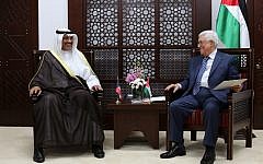 Palestinian Authority President Mahmoud Abbas, right, meets with Kuwaiti Foreign Minister Sheikh Sabah al-Khaled al-Sabah on September 14, 2014 in Ramallah. (photo credit: AFP/ABBAS MOMANI)