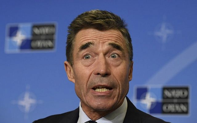 Secretary-General of The North Atlantic Treaty Organization Anders Fogh Rasmussen gives a press on September 1, 2014 in Brussels. (photo credit: AFP/John Thys)