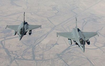 French Rafale fighter jets flying on a reconnaissance mission against the Islamic State over Iraq after taking off from the al-Dhafra base in the United Arab Emirates, September 15, 2014. (photo credit: AFP/ECPAD/EMA/Armee de L'air)