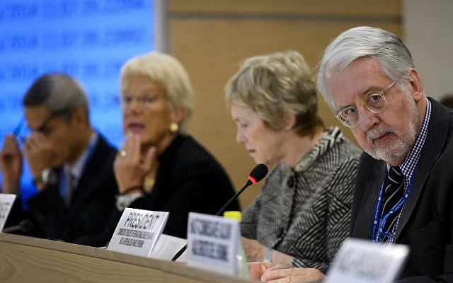 From left to right, United Nations Commission of Inquiry on Syria, Vitit Muntarbhorn, Carla del Ponte, Karen Abuzayd and Chairman Paulo Sergio Pinheiro are seen during their presentation of the commission's latest report on the situation in the war-ravaged country to the UN Human Rights Council on September 16, 2014 in Geneva. (photo credit: AFP/FABRICE COFFRINI)