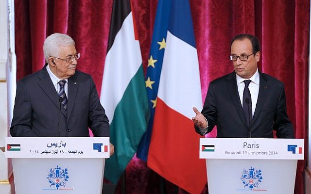 French President Francois Hollande (R) holds a press conference with Palestinian Authority President Mahmoud Abbas at the Elysee presidential palace in Paris on September 19, 2014. (photo credit: AFP/FRANCOIS GUILLOT) French President Francois Hollande (R) holds a press conference with Palestinian Authority President Mahmoud Abbas at the Elysee presidential palace in Paris on September 19, 2014. (photo credit: AFP/FRANCOIS GUILLOT)