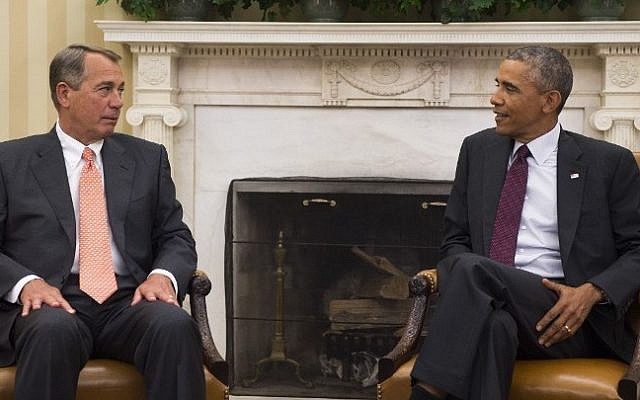 US President Barack Obama talks with Speaker of the House, John Boehner, R-Ohio, during a meeting with the bipartisan, bicameral leadership of Congress in the Oval Office of the White House in Washington, DC, September 9, 2014. President Obama will speak to the nation September 10, about the strategy White House intends to implement to counter the jihadist Islamic state. (Photo credit: AFP/Jim Watson) US President Barack Obama talks with Speaker of the House, John Boehner, R-Ohio, during a meeting with the bipartisan, bicameral leadership of Congress in the Oval Office of the White House in Washington, DC, September 9, 2014. President Obama will speak to the nation September 10, about the strategy White House intends to implement to counter the jihadist Islamic state. (Photo credit: AFP/Jim Watson)