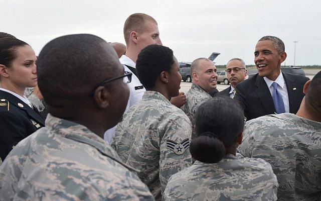 US President Barack Obama greets military personnel upon arrival at MacDill Air Force Base in Tampa, Florida, on September 16, 2014. (photo credit: AFP Photo/Mandel Ngan) US President Barack Obama greets military personnel upon arrival at MacDill Air Force Base in Tampa, Florida, on September 16, 2014. (photo credit: AFP Photo/Mandel Ngan)