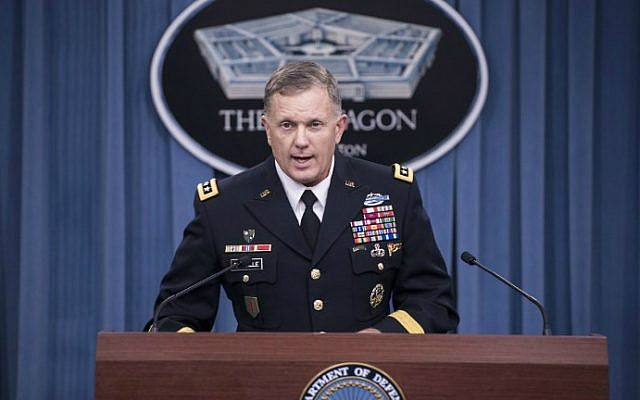 Lt. Gen. William C. Mayville Jr. speaks on the first US airstrikes in Syria during a briefing at the Pentagon, in Washington, DC, September 23, 2014. (photo credit: AFP/Brendan Smialowski) Lt. Gen. William C. Mayville Jr. speaks on the first US airstrikes in Syria during a briefing at the Pentagon, in Washington, DC, September 23, 2014. (photo credit: AFP/Brendan Smialowski)