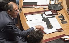 Russian Foreign Minister Sergey Lavrov attends a UN Security Council summit meeting on foreign terrorist fighters during the United Nations General Assembly at the UN in New York, September 24, 2014. (photo credit: AFP/Saul Loeb)