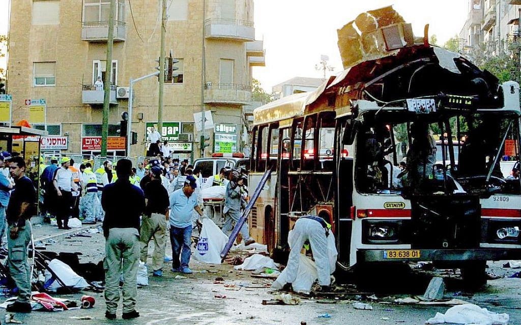 Hamas suicide bombing in Jerusalem on June 11, 2003, which killed 16 people. (Quique Kierszenbaum/Getty Images/JTA) Hamas suicide bombing in Jerusalem on June 11, 2003, which killed 16 people. (Quique Kierszenbaum/Getty Images/JTA)