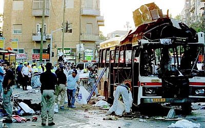Hamas suicide bombing in Jerusalem on June 11, 2003, which killed 16 people. (Quique Kierszenbaum/Getty Images/JTA)