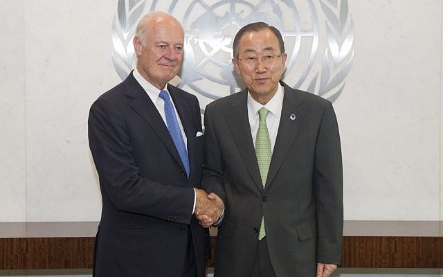 Secretary-General Ban Ki-moon, right, meets with Staffan de Mistura, new Special Envoy for Syria, in July 2014. (photo credit: UN/Eskinder Debebe) Secretary-General Ban Ki-moon, right, meets with Staffan de Mistura, new Special Envoy for Syria, in July 2014. (photo credit: UN/Eskinder Debebe)