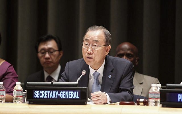 Ban Ki-moon speaking at a UN forum on September 9, 2014. (photo credit: UN/Loey Felipe)
