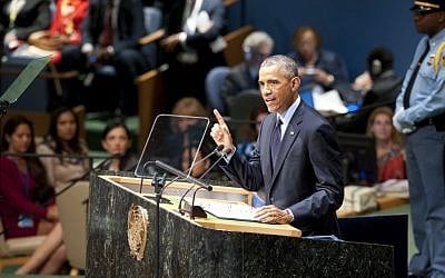 Barack Obama speaking at the UN climate summit on September 23, 2014. (photo credit: Kim Haughton/UN)