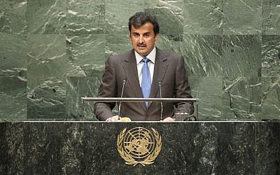 Sheikh Tamim bin Hamad Al Thani, emir of the State of Qatar, addresses the UN General Assembly on September 24, 2014. (photo credit: UN Photo by Cia Pak)