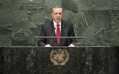 Turkish President Recep Tayyip Erdogan addresses the general debate of the 69th session of the UN General Assembly, September 24, 2014. (photo credit: UN/Cia Pak)
