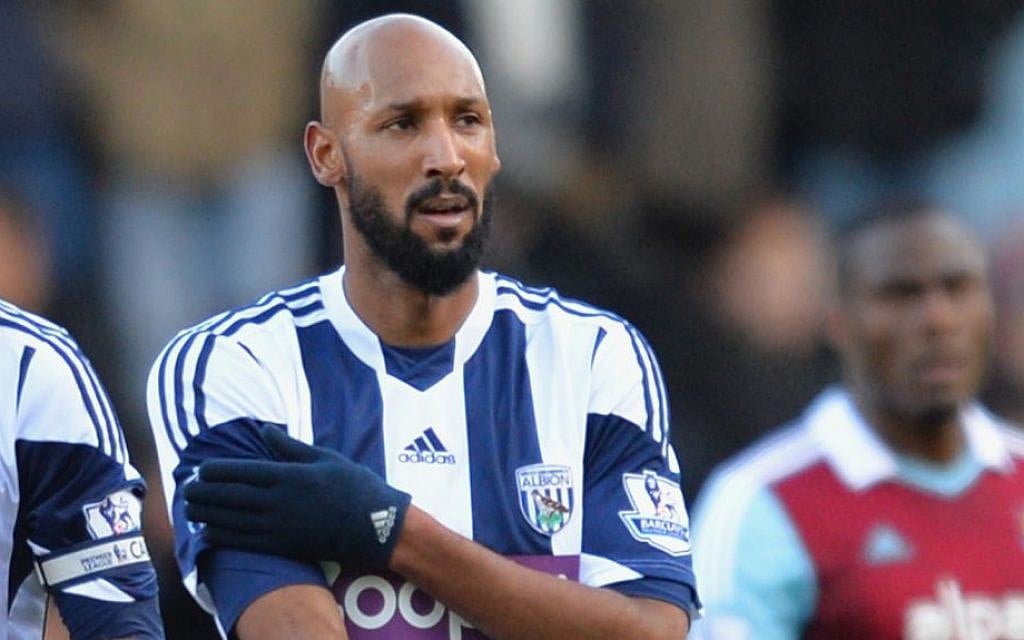 French soccer star Nicolas Anelka performing the quenelle, a gesture widely seen as anti-Semitic, after scoring a goal at a match in London, Dec. 28, 2013. (Christopher Lee/Getty Images/JTA) French soccer star Nicolas Anelka performing the quenelle, a gesture widely seen as anti-Semitic, after scoring a goal at a match in London, Dec. 28, 2013. (Christopher Lee/Getty Images/JTA)