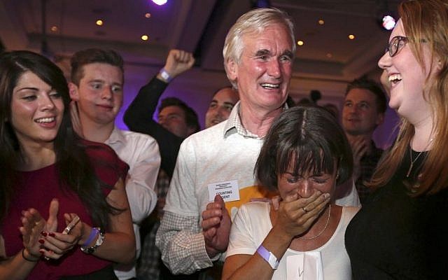 'No' supporter Joanna Baxter from Ayrshire (second from right), reacts to results in the Scottish independence referendum at the Marriott Hotel in Glasgow, Scotland, on Friday, September 19, 2014. (photo credit: AP/PA, Lynne Cameron) 'No' supporter Joanna Baxter from Ayrshire (second from right), reacts to results in the Scottish independence referendum at the Marriott Hotel in Glasgow, Scotland, on Friday, September 19, 2014. (photo credit: AP/PA, Lynne Cameron)