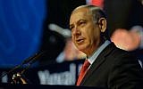 Prime Minister Benjamin Netanyahu speaks during the 4th Annual International Cybersecurity conference in Tel Aviv on September 14.  (photo credit: Avi Ohayon/GPO/Flash90).