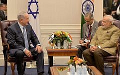 Benjamin Netanyahu, left, meets with Narendra Modi in New York City on September 28, 2014. (Photo credit: Avi Ohayon/GPO/FLASH90)