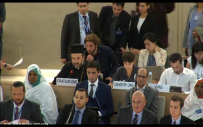 Father Gabriel Naddaf (third row, on the left) addresses the United Nations Human Rights Council. (photo credit: Screenshot)