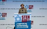 German Chancellor Angela Merkel delivers her speech at a rally against anti-Semitism near the Brandenburg Gate in Berlin, September 14, 2014.  (AP/Markus Schreiber)