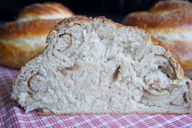 The dough in the Balsamic Apple Date Challah for Rosh Hashanah is sweet, laced with cinnamon, vanilla and just a touch of nutmeg. (Shannon Sarna/JTA)