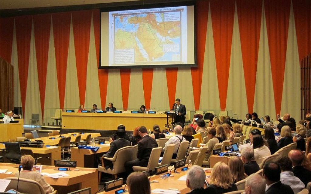 Mark Langfan, Arutz Sheva UN Correspondent/Security Analysis presents strategic map at UN conference on Global Anti-Semitism. (Cathryn J. Prince/The Times of Israel) Mark Langfan, Arutz Sheva UN Correspondent/Security Analysis presents strategic map at UN conference on Global Anti-Semitism. (Cathryn J. Prince/The Times of Israel)