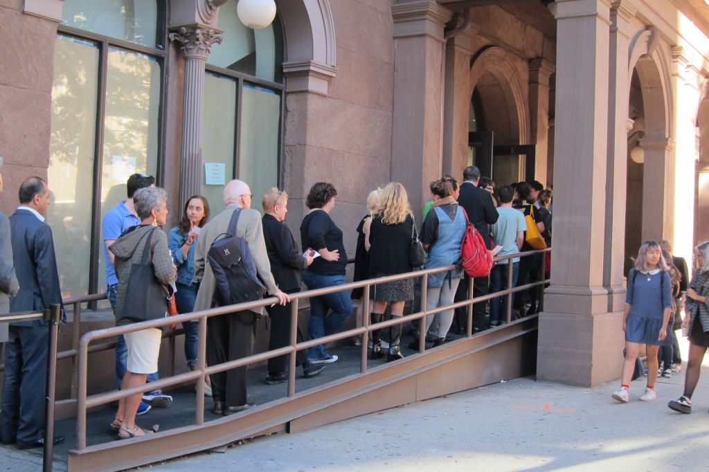 The line waiting to go through security at Cooper Union Monday, September 22, 2014 ahead of Palestinian Authority Mahmoud Abbas' address. (Cathryn J. Prince/The Times of Israel)