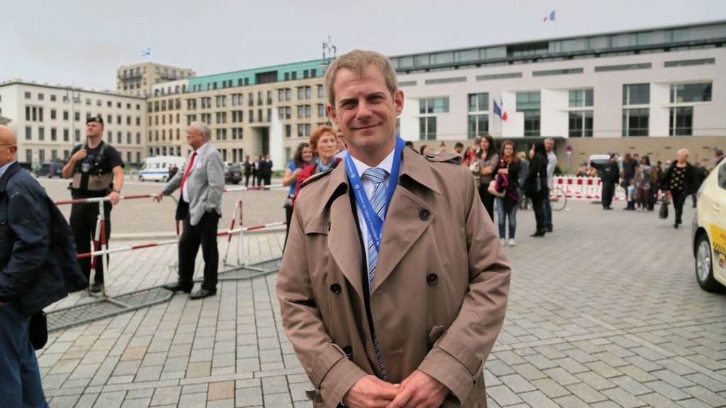 Gabriel Goldberg, a German Jewish leader based in Dusseldorf, came to the rally under the auspices of the World Jewish Congress. (Micki Weinberg/The Times of Israel) Gabriel Goldberg, a German Jewish leader based in Dusseldorf, came to the rally under the auspices of the World Jewish Congress. (Micki Weinberg/The Times of Israel)