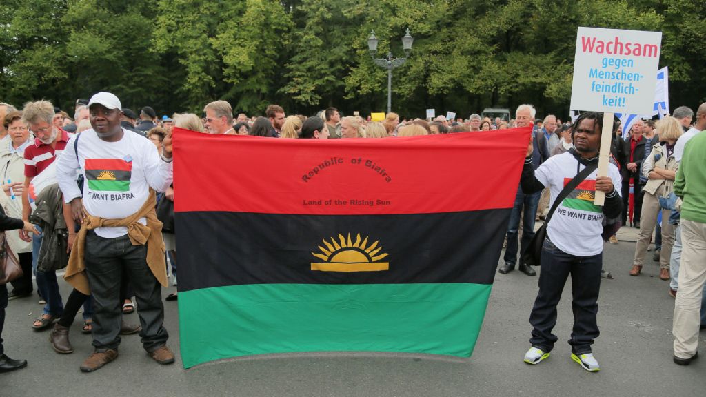 Members of the the Indigenous People of Biafra organization at the Berlin rally against anti-Semitism, September 14, 2014. (Micki Weinberg/The Times of Israel) Members of the the Indigenous People of Biafra organization at the Berlin rally against anti-Semitism, September 14, 2014. (Micki Weinberg/The Times of Israel)
