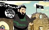 A cartoon character portrayed as a member or a supporter of the Islamic State group sings a song, in an undated cartoon broadcast on state-run al-Iraqiya TV in Iraq.  The Arabic writing on the flag reads, "One Arab nation," top, and "Having an eternal message." "ISIS" on the cartoon character's head cover is the outdated acronym of the group.  (photo credit: AP Photo/al-Iraqiya)