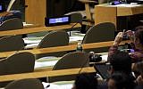 The empty seats of the Israel delegation to the UN as President Palestinian Authority Mahmoud Abbas addresses the 69th session of the United Nations General Assembly, Sept. 26, 2014. (AP/Richard Drew)