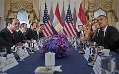 US President Barack Obama meets with Egyptian President Abdel Fattah el-Sisi, left, Thursday, September 25, 2014, in New York. (photo credit: AP/Pablo Martinez Monsivais)