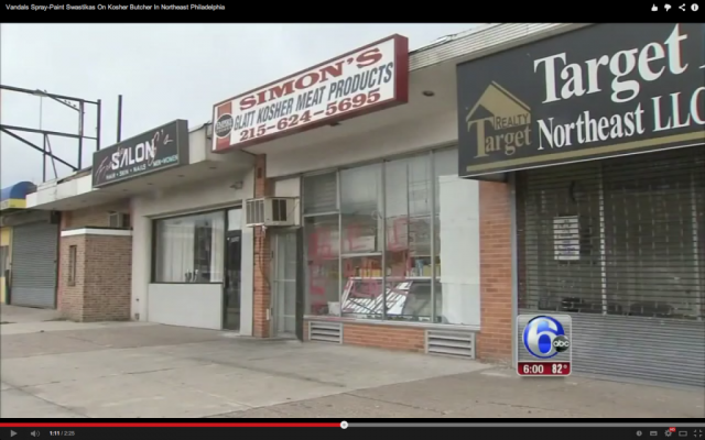 Simon’s Glatt Kosher meats defaced with Swastikas (ABC news screenshot)