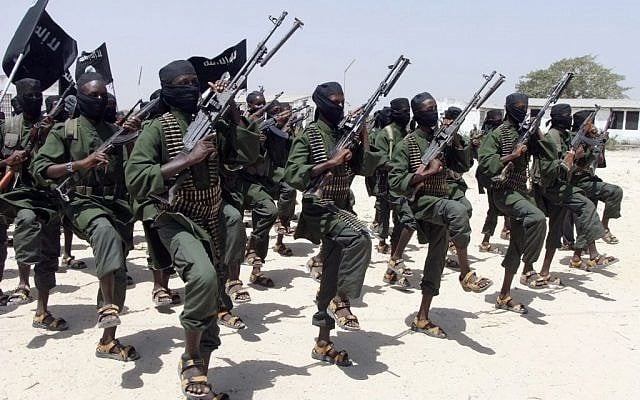 In this February 17, 2011, file photo, hundreds of newly trained Shebab fighters perform military exercises in the Lafofe area some 18 km. south of Mogadishu, Somalia. (AP/Farah Abdi Warsameh) In this February 17, 2011, file photo, hundreds of newly trained Shebab fighters perform military exercises in the Lafofe area some 18 km. south of Mogadishu, Somalia. (AP/Farah Abdi Warsameh)