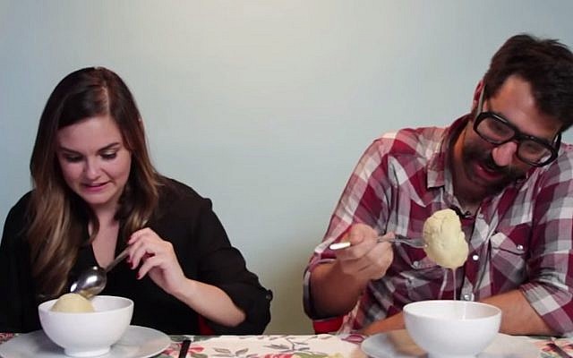 Taste testers cautiously approach matzo ball soup. (YouTube screenshot) Taste testers cautiously approach matzo ball soup. (YouTube screenshot)