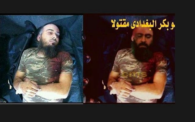 A screen capture from storyful showing the original picture, and the apparently doctored one purporting to show Baghdadi's body. (Screen capture: Storyful/Open Newsroom)